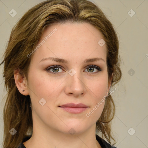 Joyful white young-adult female with medium  brown hair and green eyes