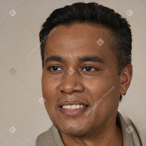 Joyful black young-adult male with short  black hair and brown eyes