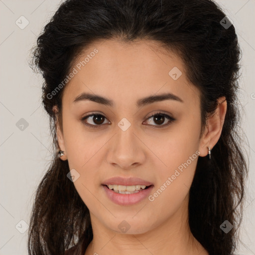 Joyful latino young-adult female with long  brown hair and brown eyes