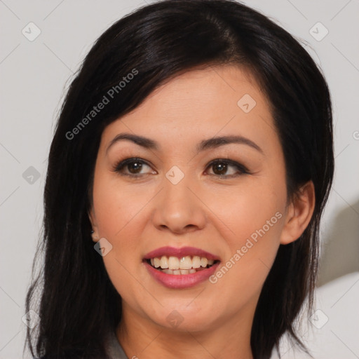 Joyful asian young-adult female with medium  black hair and brown eyes