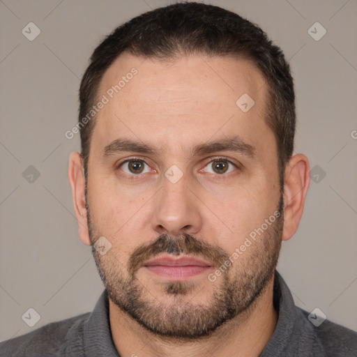 Neutral white adult male with short  brown hair and brown eyes