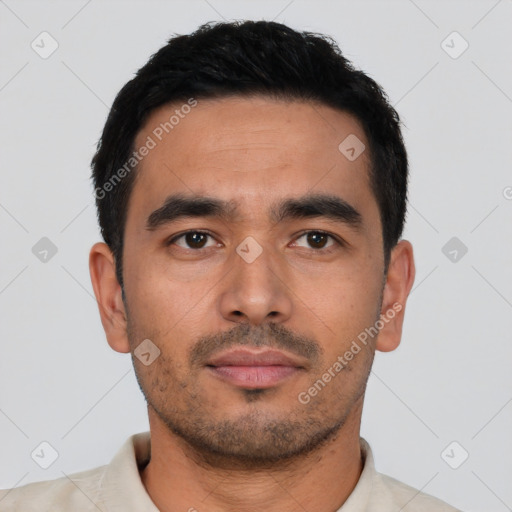 Neutral latino young-adult male with short  black hair and brown eyes