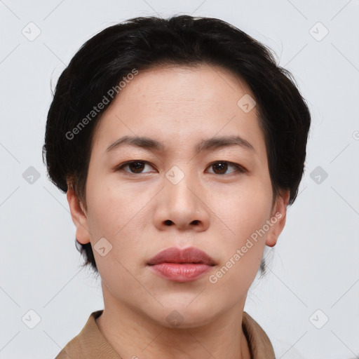 Neutral asian young-adult female with short  brown hair and brown eyes