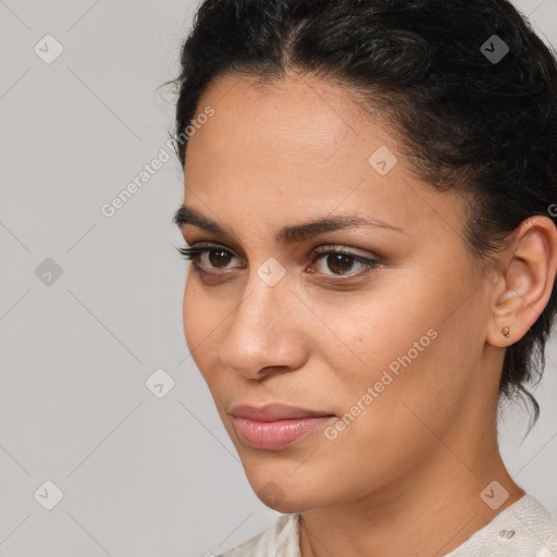 Neutral white young-adult female with medium  brown hair and brown eyes