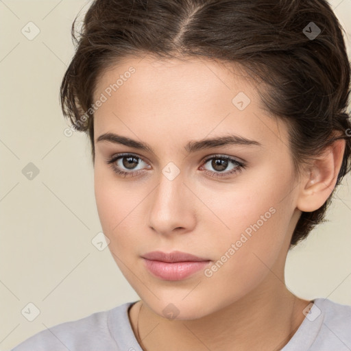 Neutral white young-adult female with medium  brown hair and brown eyes