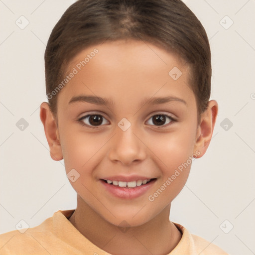 Joyful white child female with short  brown hair and brown eyes