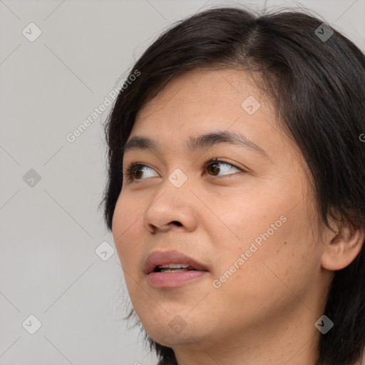 Joyful white young-adult female with medium  brown hair and brown eyes