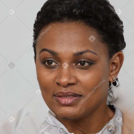 Joyful black young-adult female with short  black hair and brown eyes