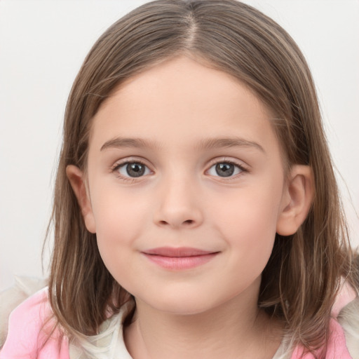 Joyful white child female with medium  brown hair and grey eyes