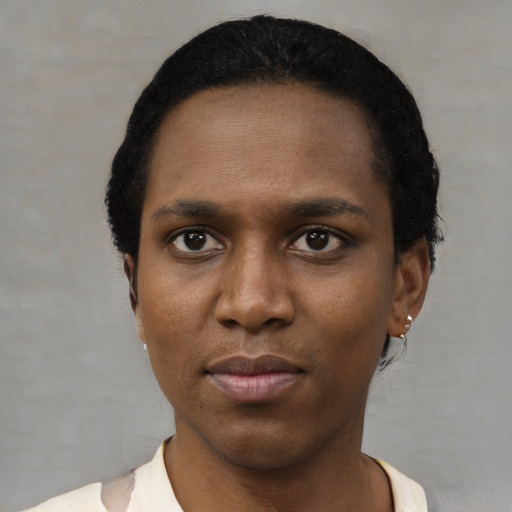 Neutral black young-adult male with short  black hair and brown eyes