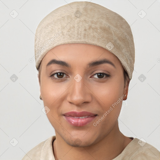 Joyful white young-adult female with short  black hair and brown eyes