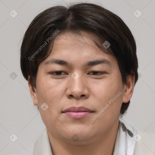 Joyful asian young-adult female with short  brown hair and brown eyes