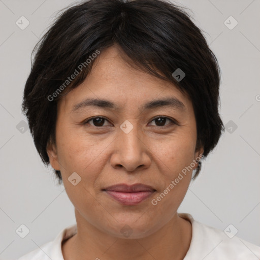 Joyful asian adult female with medium  brown hair and brown eyes