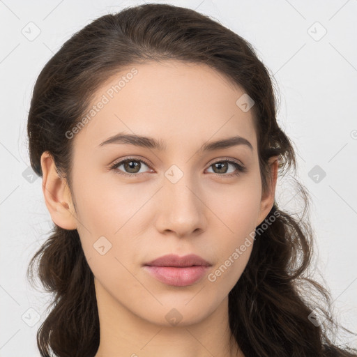 Neutral white young-adult female with long  brown hair and brown eyes