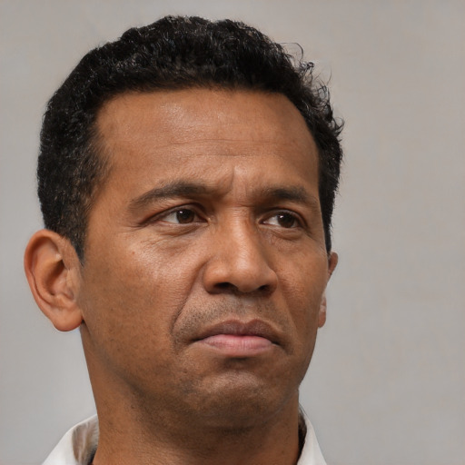 Neutral latino adult male with short  brown hair and brown eyes