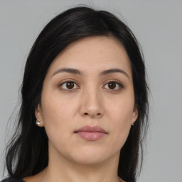 Neutral asian young-adult female with long  brown hair and brown eyes