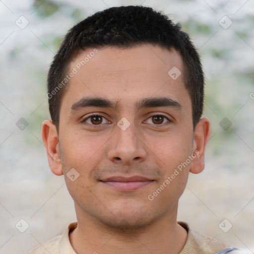 Neutral white young-adult male with short  brown hair and brown eyes