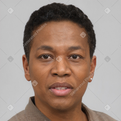 Joyful black adult male with short  brown hair and brown eyes