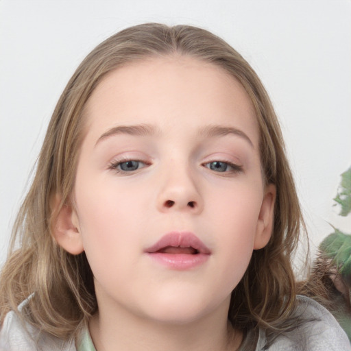 Neutral white child female with medium  brown hair and grey eyes