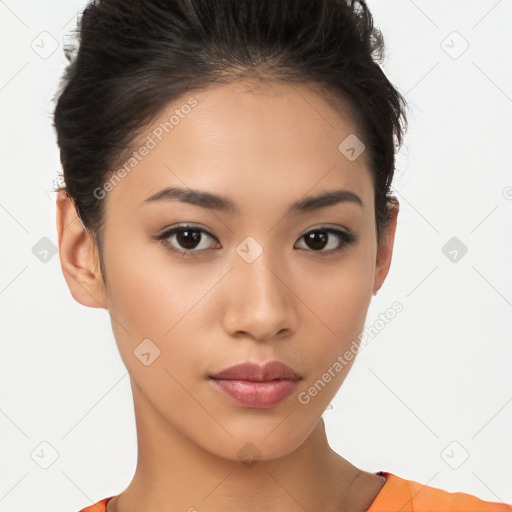 Neutral latino young-adult female with short  brown hair and brown eyes