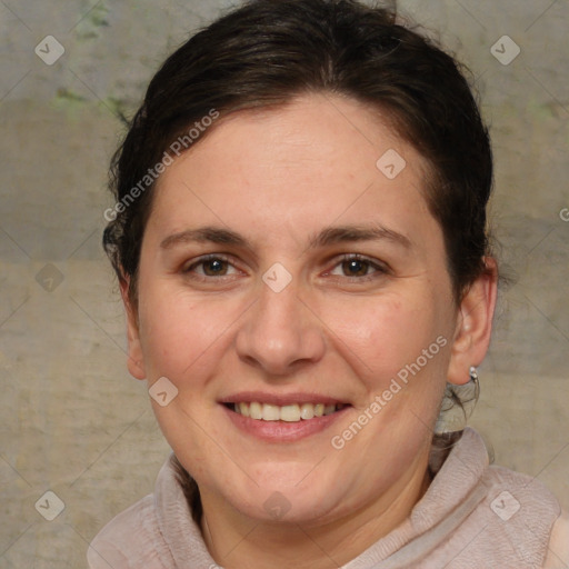 Joyful white adult female with short  brown hair and brown eyes