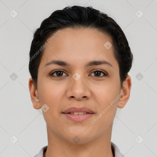 Joyful latino young-adult female with short  brown hair and brown eyes