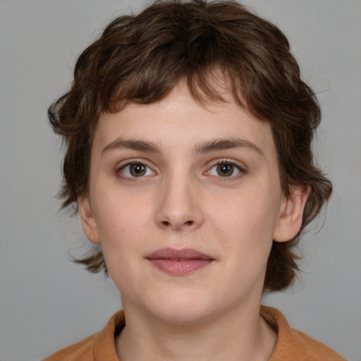 Neutral white young-adult female with medium  brown hair and brown eyes