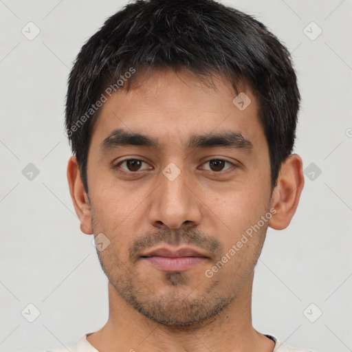 Neutral asian young-adult male with short  black hair and brown eyes