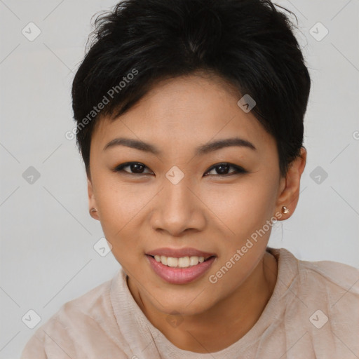 Joyful asian young-adult female with short  brown hair and brown eyes