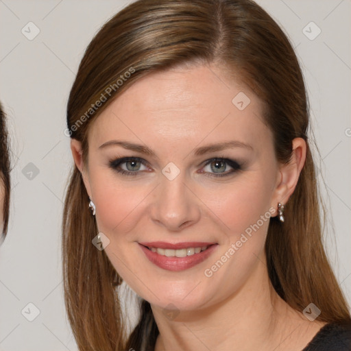 Joyful white young-adult female with medium  brown hair and blue eyes