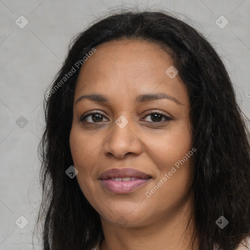 Joyful latino young-adult female with long  brown hair and brown eyes