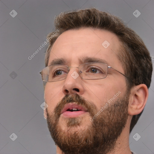Neutral white adult male with short  brown hair and brown eyes