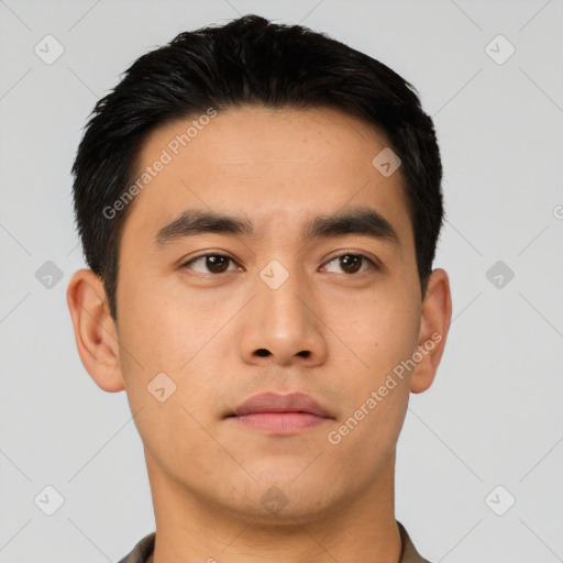 Neutral asian young-adult male with short  black hair and brown eyes