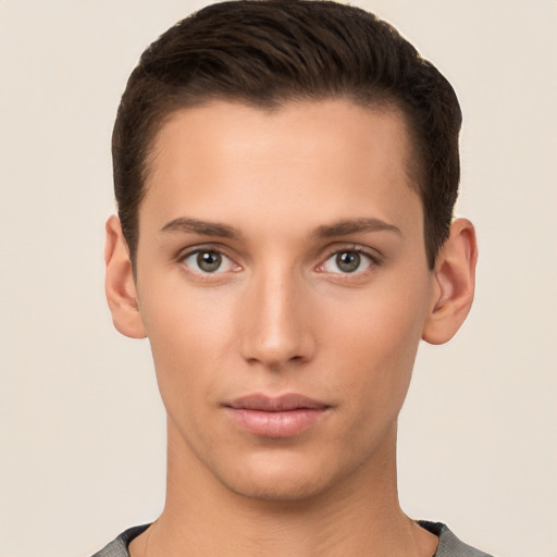 Neutral white young-adult male with short  brown hair and brown eyes