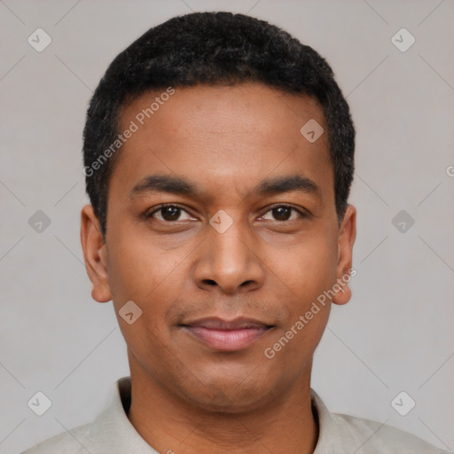 Neutral black young-adult male with short  black hair and brown eyes