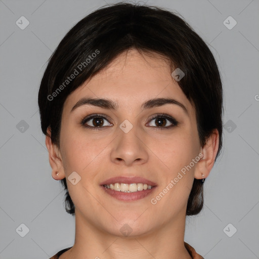 Joyful white young-adult female with medium  brown hair and brown eyes