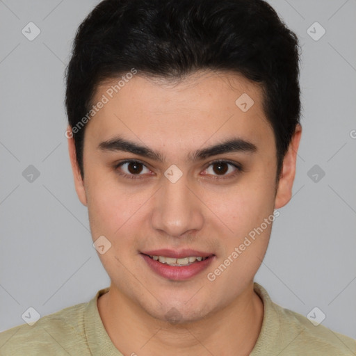 Joyful latino young-adult male with short  brown hair and brown eyes