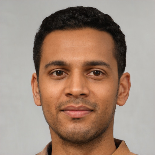 Neutral latino young-adult male with short  black hair and brown eyes