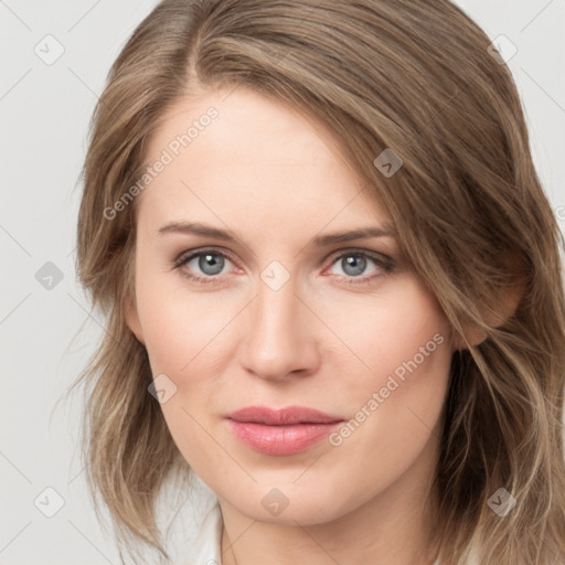 Joyful white young-adult female with medium  brown hair and green eyes