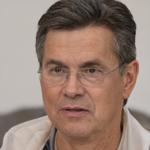 Joyful white middle-aged male with short  brown hair and brown eyes