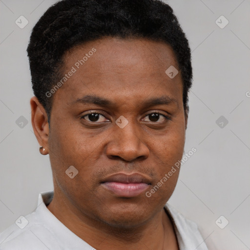 Neutral black young-adult male with short  brown hair and brown eyes