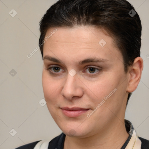 Joyful white young-adult female with short  brown hair and brown eyes