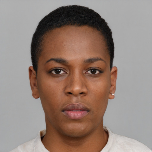 Neutral black young-adult female with short  black hair and brown eyes