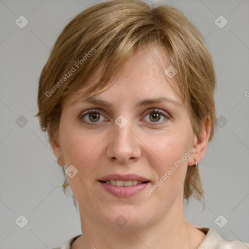 Joyful white adult female with medium  brown hair and grey eyes