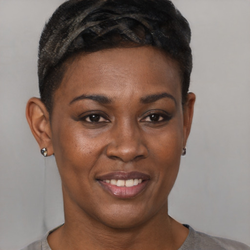 Joyful black young-adult female with short  brown hair and brown eyes