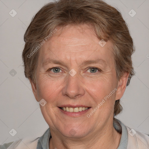 Joyful white adult female with short  brown hair and brown eyes