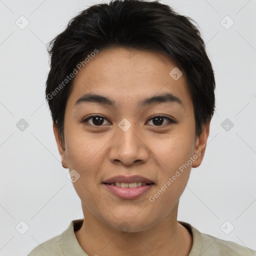 Joyful asian young-adult female with short  brown hair and brown eyes