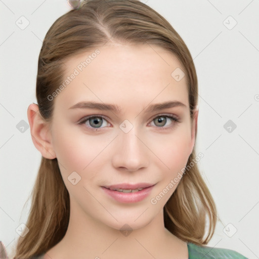 Neutral white young-adult female with long  brown hair and grey eyes