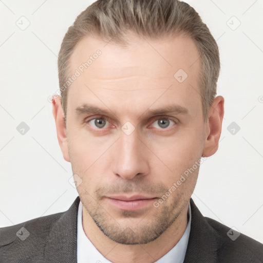 Neutral white young-adult male with short  brown hair and grey eyes