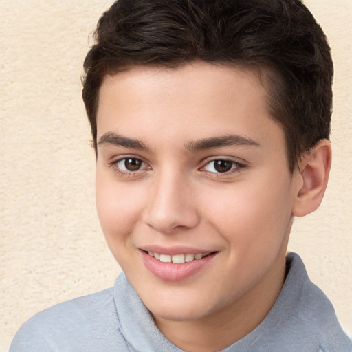 Joyful white child female with short  brown hair and brown eyes